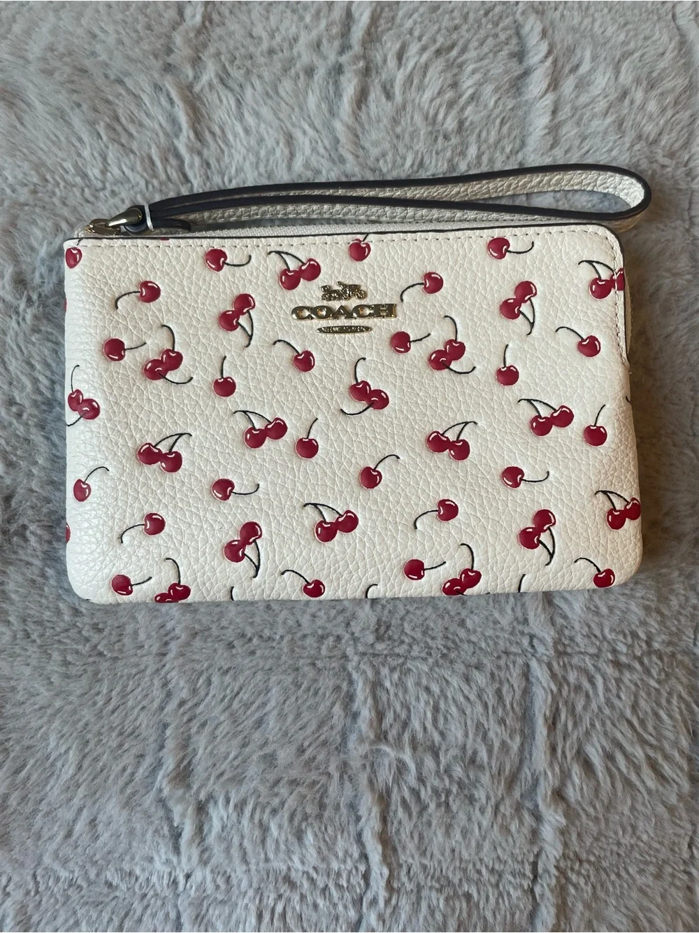 Coach White Wristlet with Red Cherry Print and Gold Logo